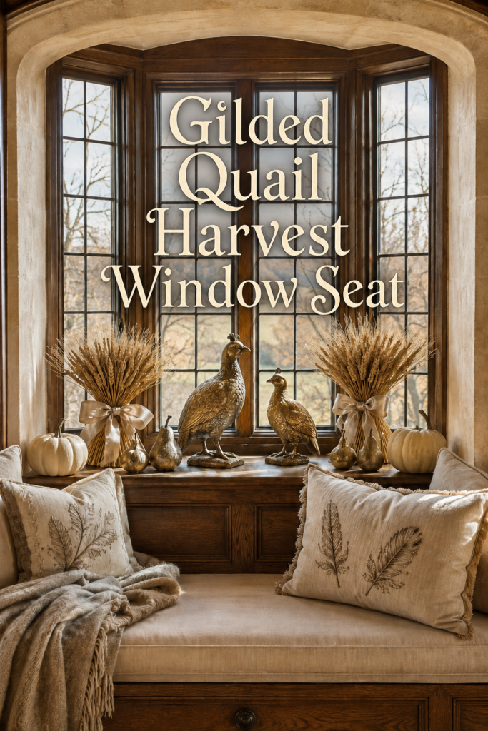 Gilded Quail Harvest Window Seat title above gold birds wheat sheaves and neutral Thanksgiving decorations