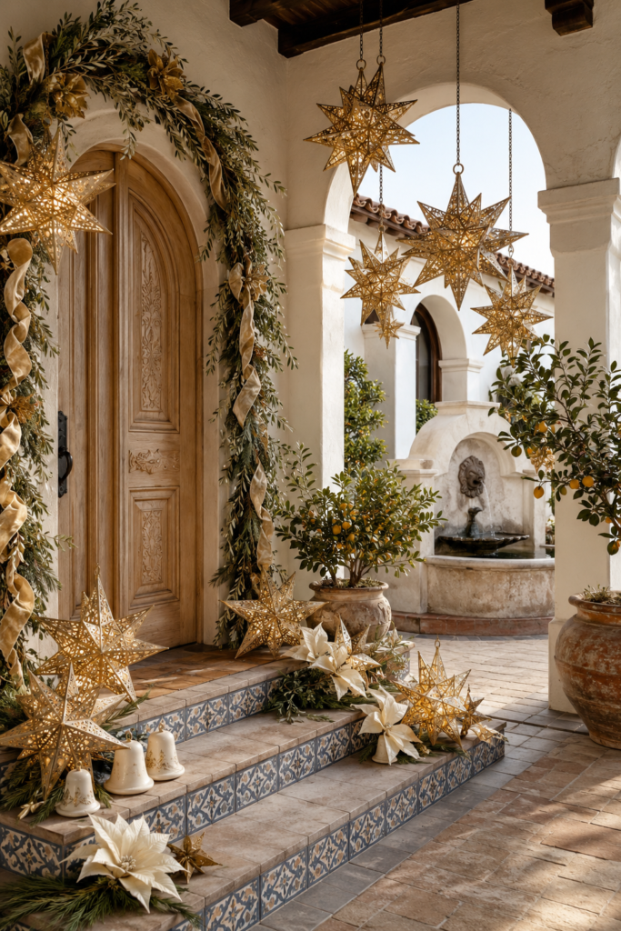 Gilded star lanterns and evergreen garland decorating a tiled Spanish courtyard entry for Christmas
