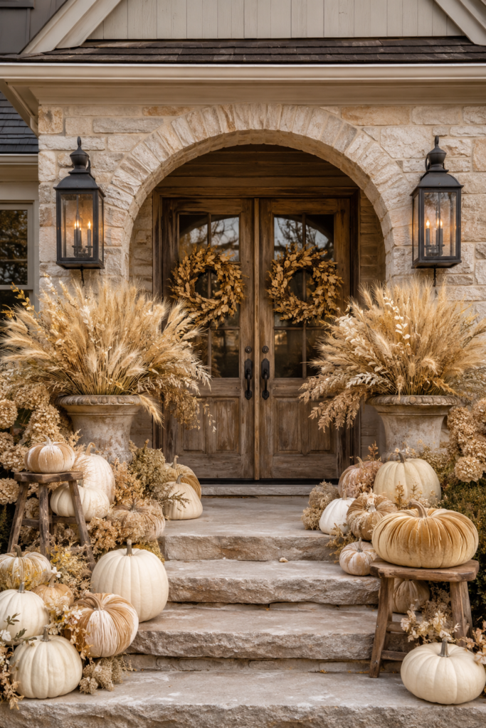 Farmhouse fall porch with gilded wheat ivory pumpkins velvet pumpkins and dried wreaths