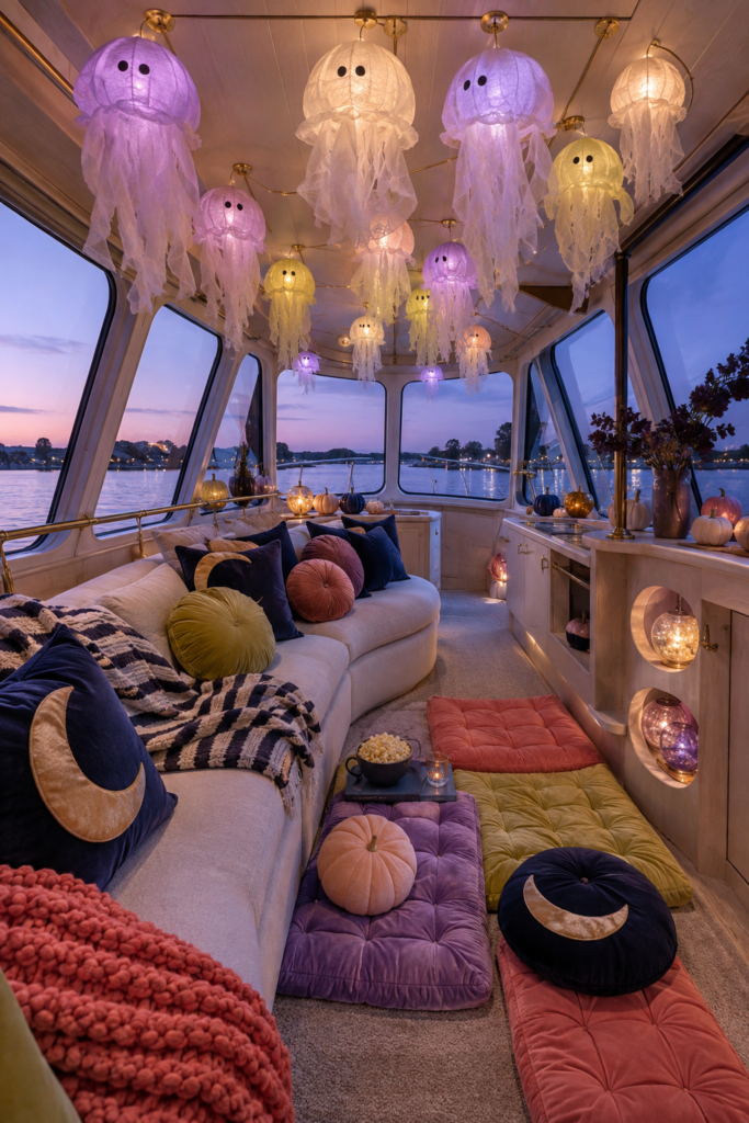 Glowing gauze ghost lanterns above a cozy houseboat reading lounge with moon pillows velvet cushions and twilight lake views