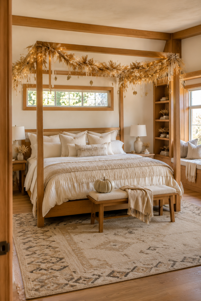 Wheat garland fall canopy bedroom with warm lights ivory bedding neutral pumpkin wood bench and layered natural textures