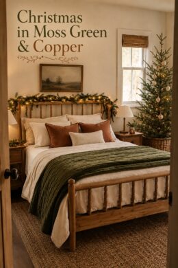 Green and Copper Bedroom with Christmas Tree and Garland