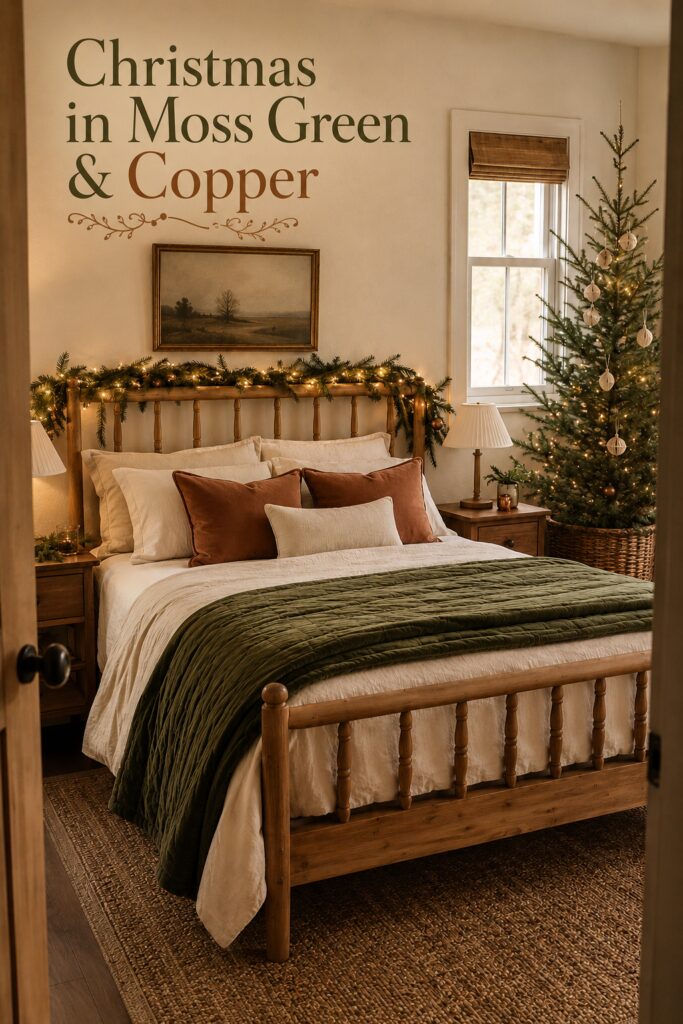 Green and Copper Bedroom with Christmas Tree and Garland
