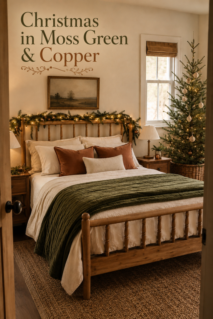 Green and Copper Bedroom with Christmas Tree and Garland