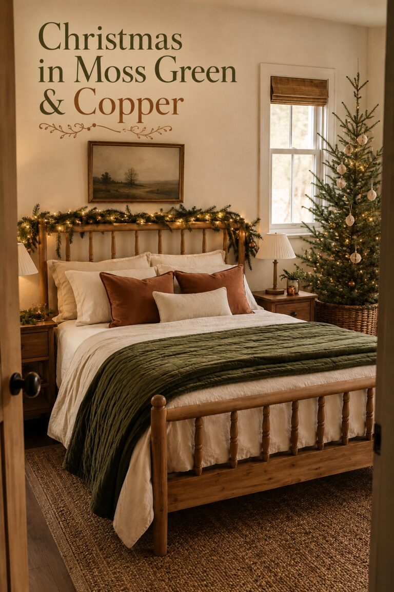 Green and Copper Bedroom with Christmas Tree and Garland