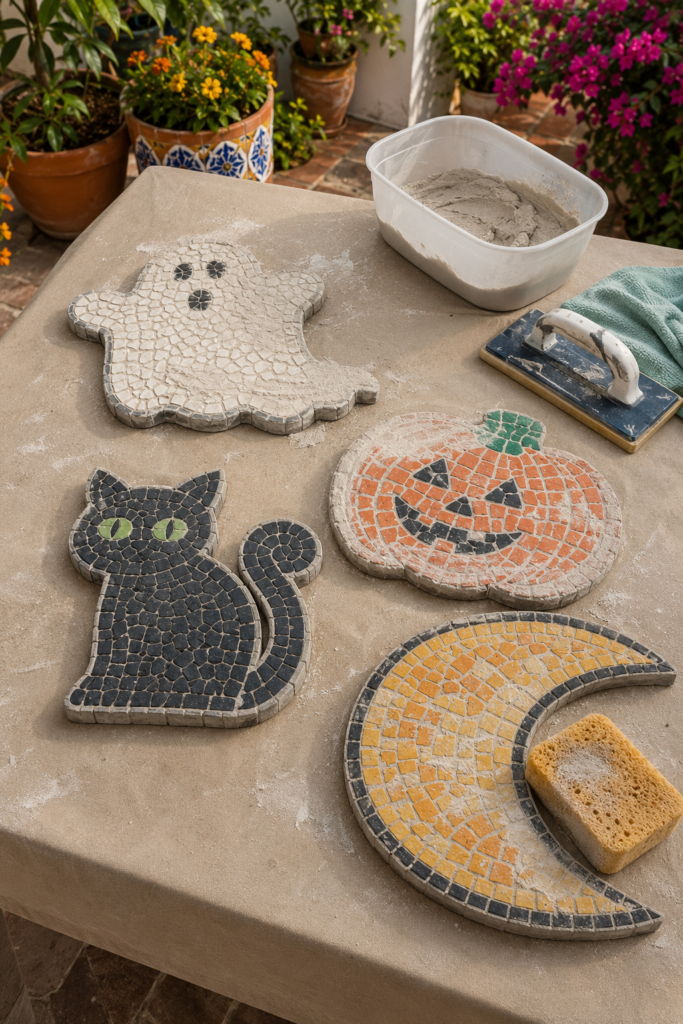 Grouting and cleaning Halloween mosaic pavers