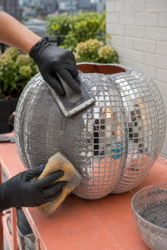 Grouting the Mirror-Tile Pumpkin Planter