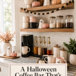 Halloween Coffee Bar Idea with Ghosts and Pumpkins