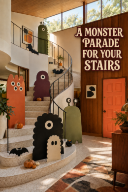 Halloween Monster Parade in Mid Century Entry and Stairs