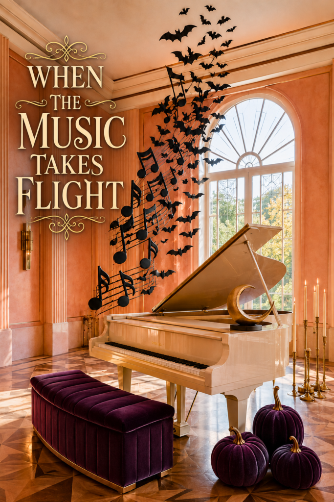Halloween Piano Room with Bats and Purple Pumpkins