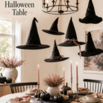 Halloween Table Setting in Blush and Cream with Witch Hats Dangling from Chandelier