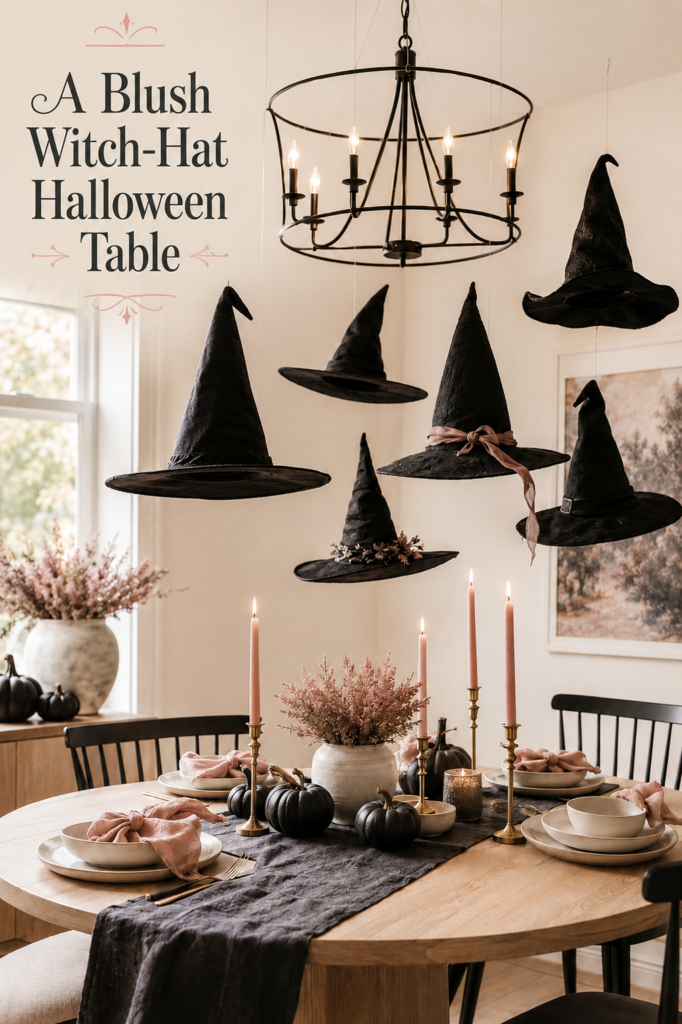 Halloween Table Setting in Blush and Cream with Witch Hats Dangling from Chandelier