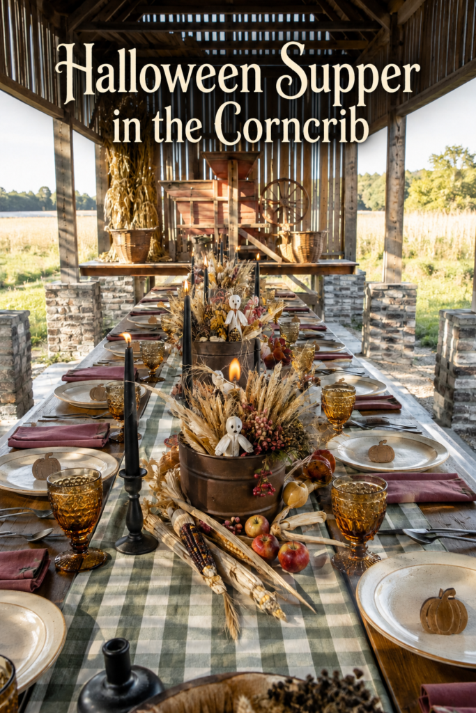 Halloween Tablescape with Corn Pumpkins and Gingham Theme