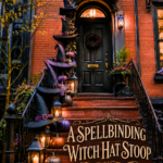 Halloween Witch Hats Decorating a Townhouse Stoop Staircase