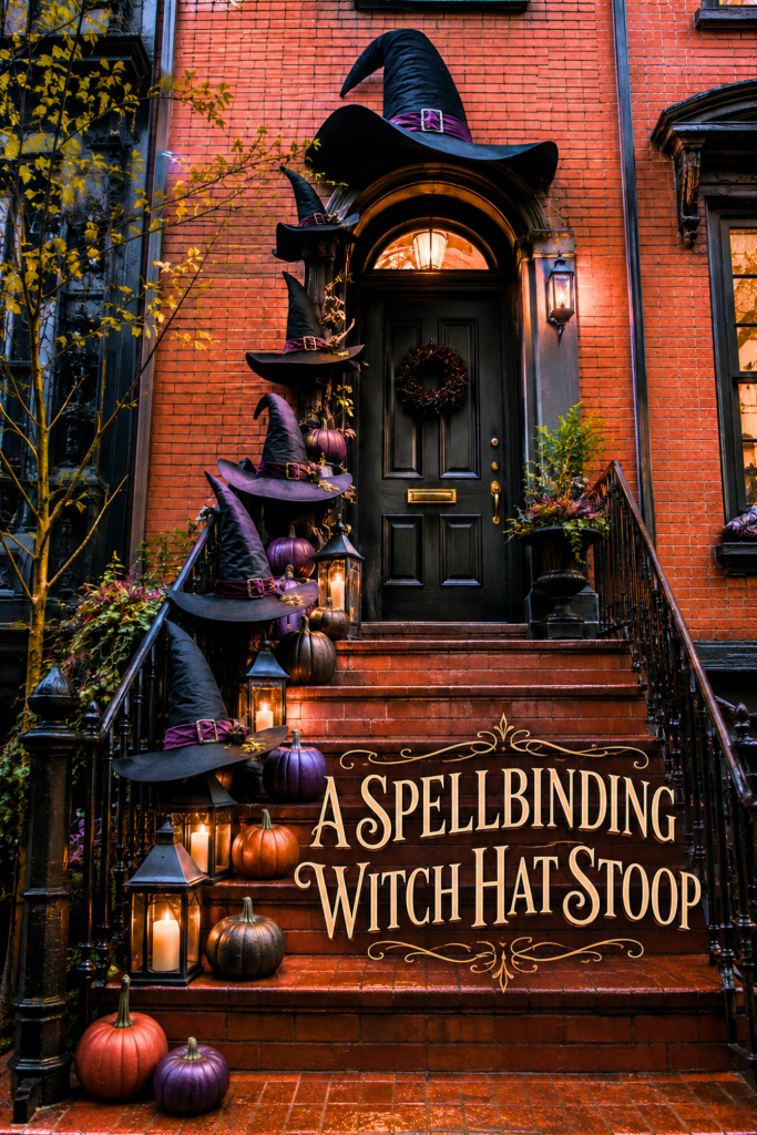 Halloween Witch Hats Decorating a Townhouse Stoop Staircase