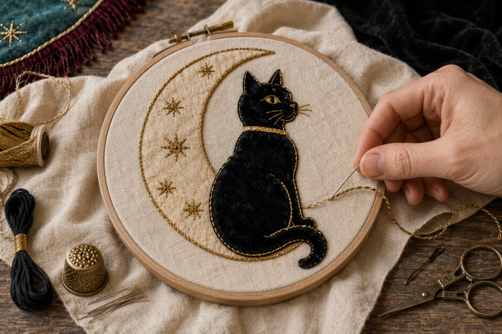 Hand-stitching a brass-outlined velvet cat