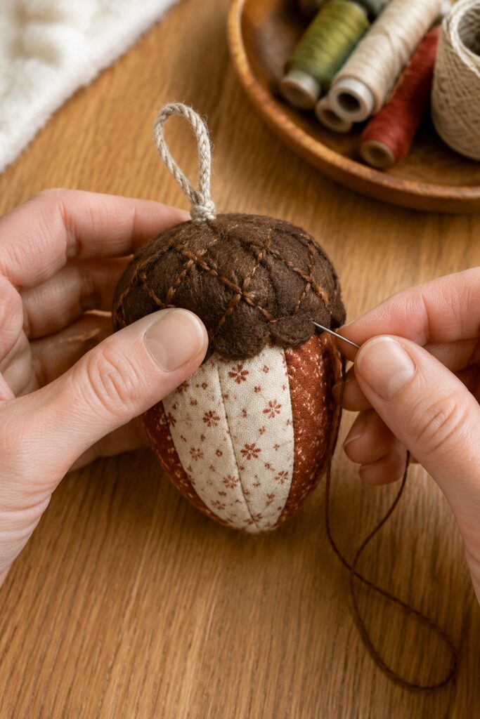 Hand-stitching a patchwork acorn cap and loop