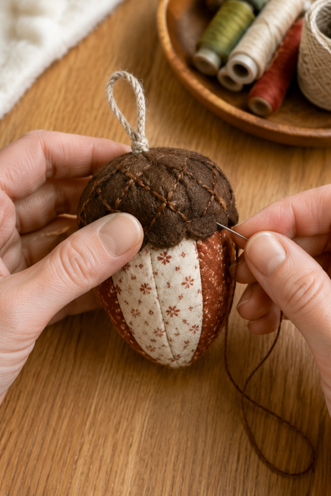 Hand-stitching a patchwork acorn cap and loop