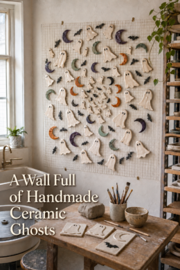 Handmade Ceramic Halloween Ghost Tiles on Wall