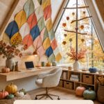 Harvest inspired home office with felt leaves boucle chair woven baskets fall branches and pumpkins beneath a peaked ceiling