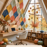 Harvest inspired home office with felt leaves boucle chair woven baskets fall branches and pumpkins beneath a peaked ceiling