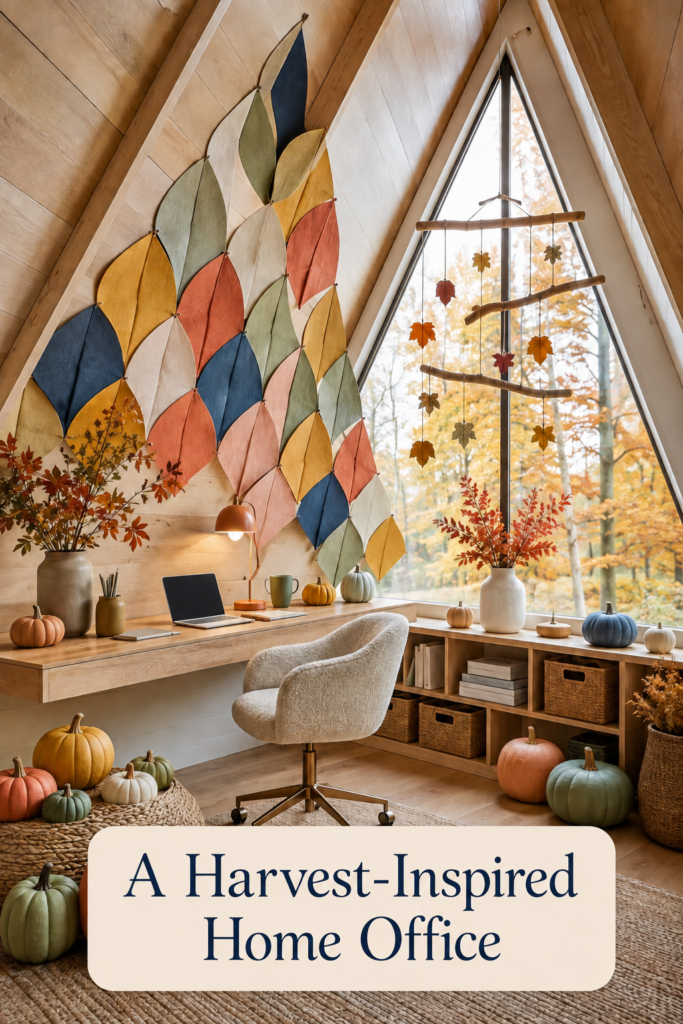 Harvest inspired home office with felt leaves boucle chair woven baskets fall branches and pumpkins beneath a peaked ceiling