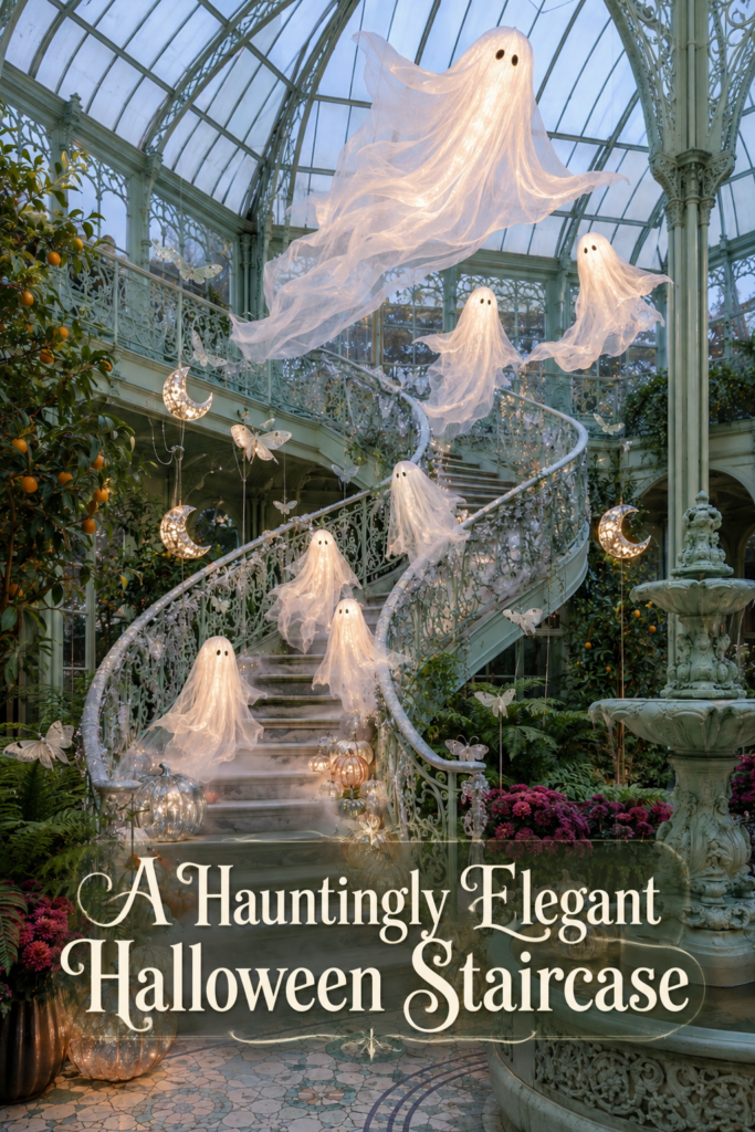 Hauntingly Elegant Ghosts Above Long Curved Staircase