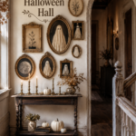 Elegant Halloween farmhouse hallway with framed ghost artwork and hauntingly elegant Halloween hall title