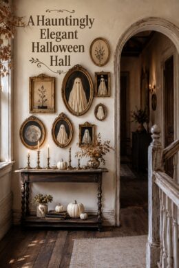 Elegant Halloween farmhouse hallway with framed ghost artwork and hauntingly elegant Halloween hall title