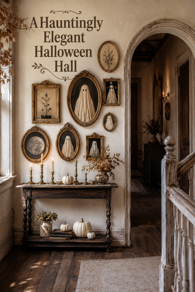 Elegant Halloween farmhouse hallway with framed ghost artwork and hauntingly elegant Halloween hall title