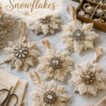 DIY Heirloom brooch snowflake Christmas tree ornaments made out of felt and rhinestone gems