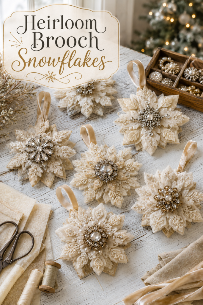 DIY Heirloom brooch snowflake Christmas tree ornaments made out of felt and rhinestone gems