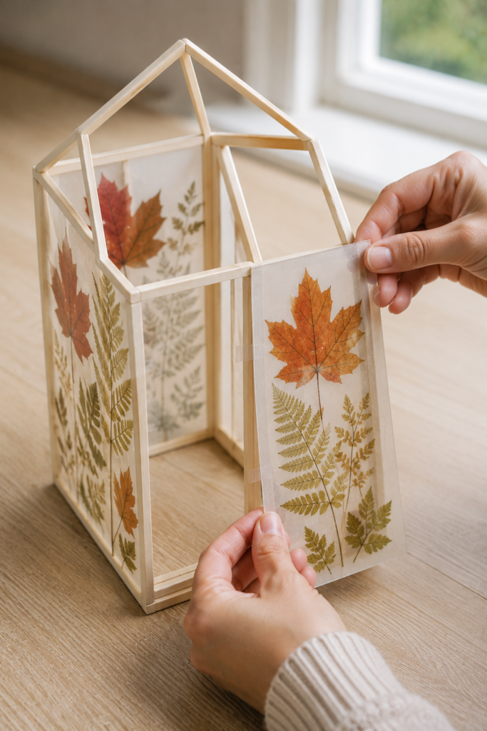 Installing the final pressed-leaf vellum panel