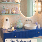 Iridescent ghost powder room with opalescent Halloween decor mint shelves cobalt vanity and lavender checkerboard floor