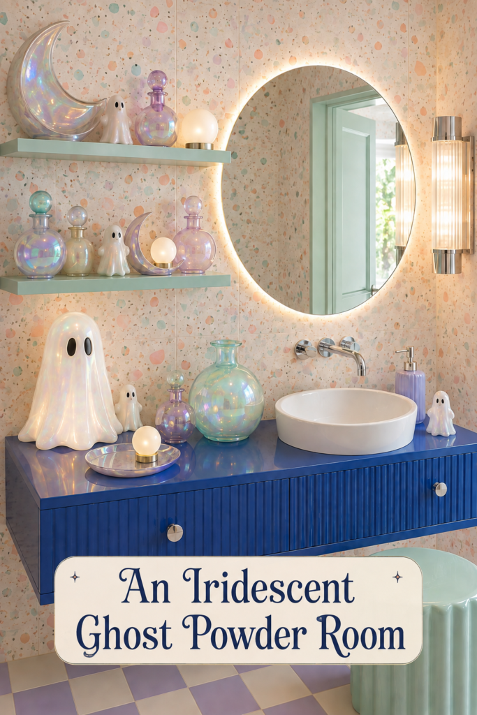 Iridescent ghost powder room with opalescent Halloween decor mint shelves cobalt vanity and lavender checkerboard floor