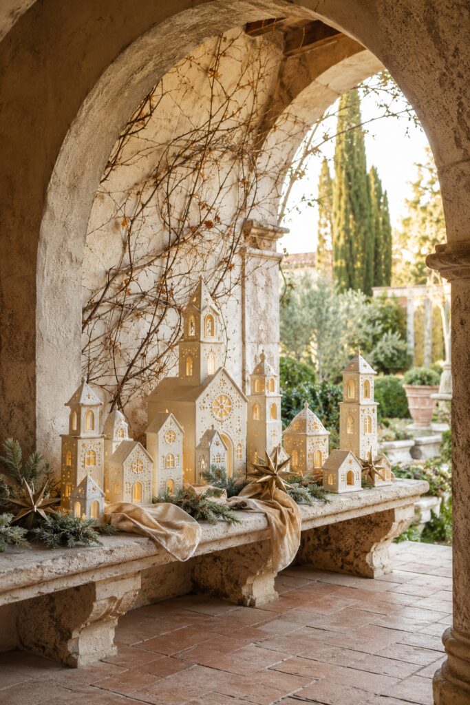 Glowing ivory Christmas village lanterns arranged with evergreens and bronze stars on a carved stone bench