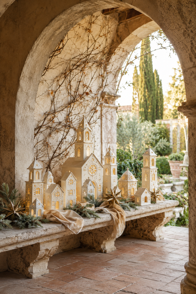 Glowing ivory Christmas village lanterns arranged with evergreens and bronze stars on a carved stone bench
