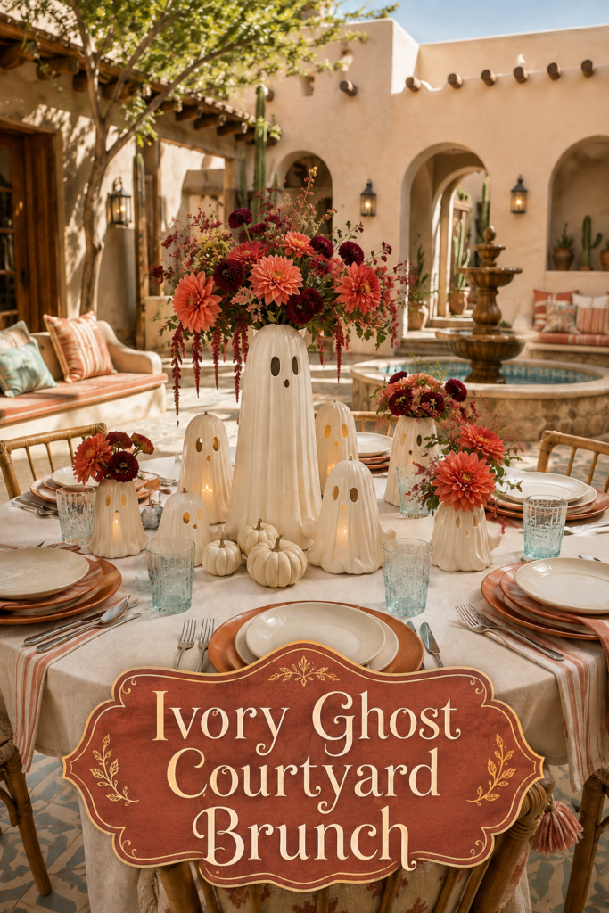 Ivory and Orange Halloween Ghost Brunch Table Setting