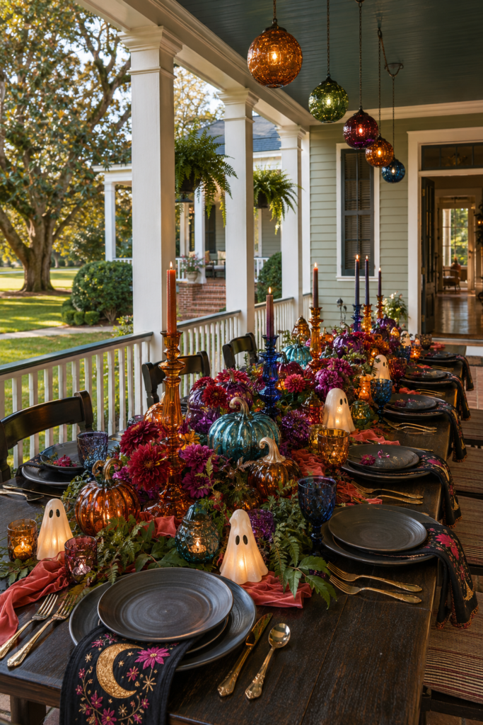 Southern veranda Halloween table with jewel tone glass pumpkins glowing ghosts burgundy flowers and black dinnerware