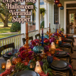 Jewel tone Halloween veranda supper headline beside a long table with glass pumpkins ghost lights and colored candles