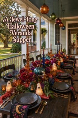 Jewel tone Halloween veranda supper headline beside a long table with glass pumpkins ghost lights and colored candles