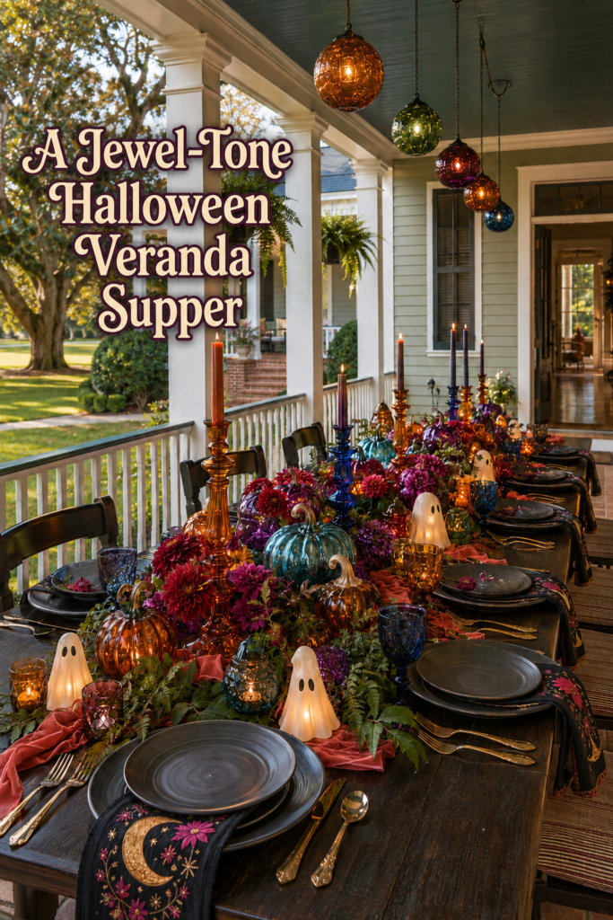 Jewel tone Halloween veranda supper headline beside a long table with glass pumpkins ghost lights and colored candles