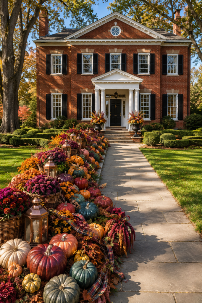 Jewel tone harvest crescent with pumpkins flower baskets copper lanterns and plaid ribbon on a Georgian lawn