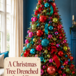 saturated ornament Christmas tree with warm headline panel and glowing star topper