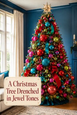 saturated ornament Christmas tree with warm headline panel and glowing star topper