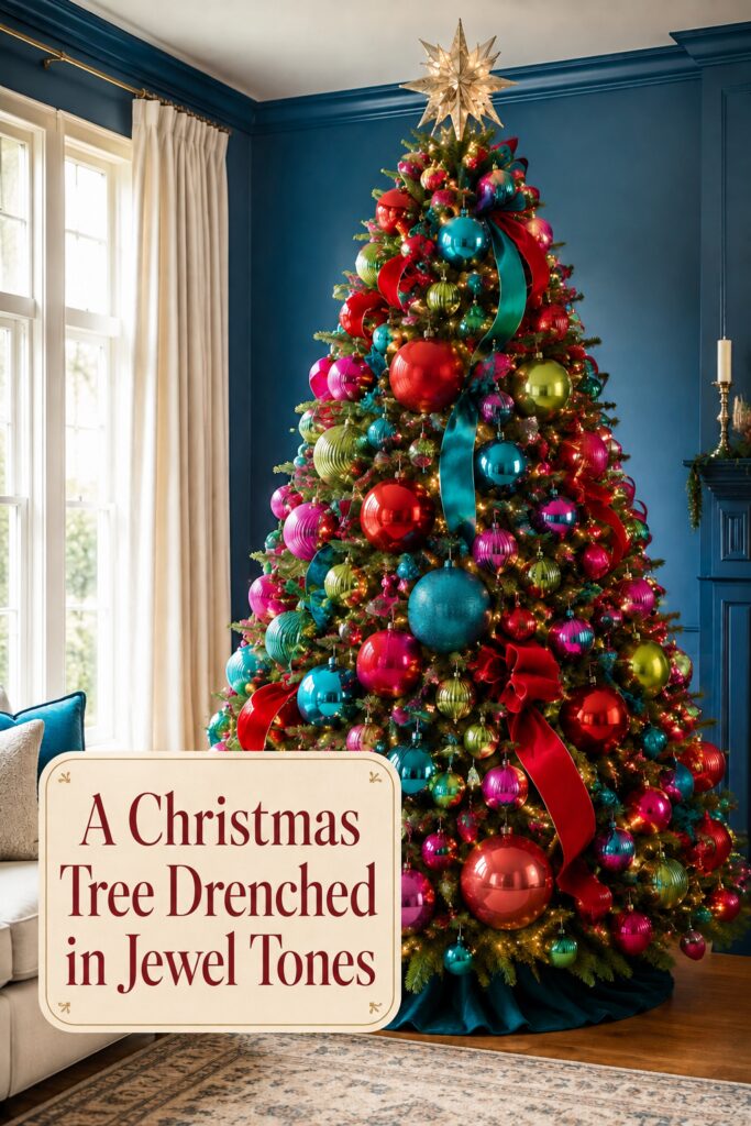 saturated ornament Christmas tree with warm headline panel and glowing star topper