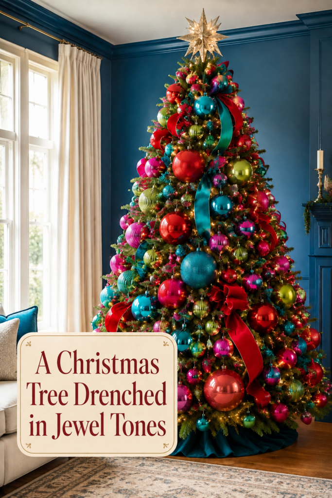 saturated ornament Christmas tree with warm headline panel and glowing star topper
