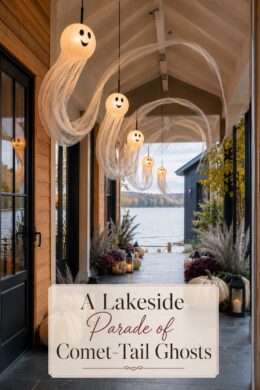 Lakeside Halloween entry with glowing gauze ghost lanterns sweeping overhead and a warm editorial title panel