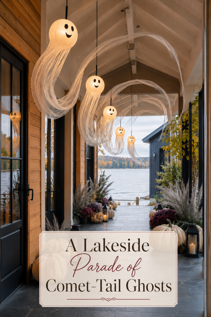 Lakeside Halloween entry with glowing gauze ghost lanterns sweeping overhead and a warm editorial title panel