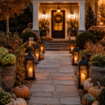 Lantern and Pumpkin Lined Front Walk for Fall Decor